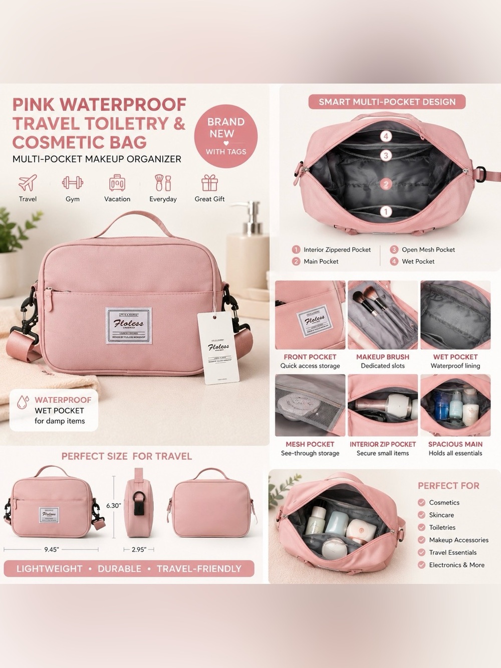 NWT - Pink Waterproof Travel Toiletry & Cosmetic Bag | Multi-Pocket Organizer